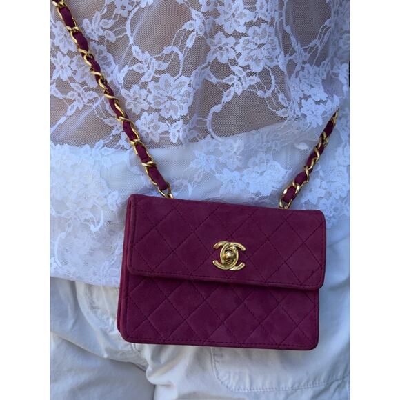 Chanel Vintage Fuchsia Suede Mini Flap Crossbody Bag w 24K Gold Plated Hardware - Picture 2 of 10